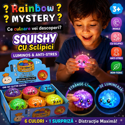 Jucărie Antistres Squishy Dumpling cu Slime și Lumini LED, 8.5 cm, cu Sclipici, Model Surpriză