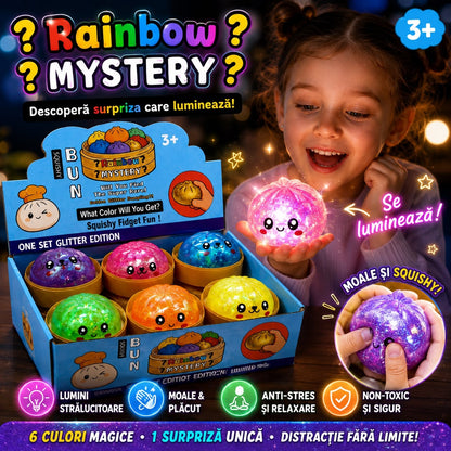 Jucărie Antistres Squishy Dumpling cu Slime și Lumini LED, 8.5 cm, cu Sclipici, Model Surpriză