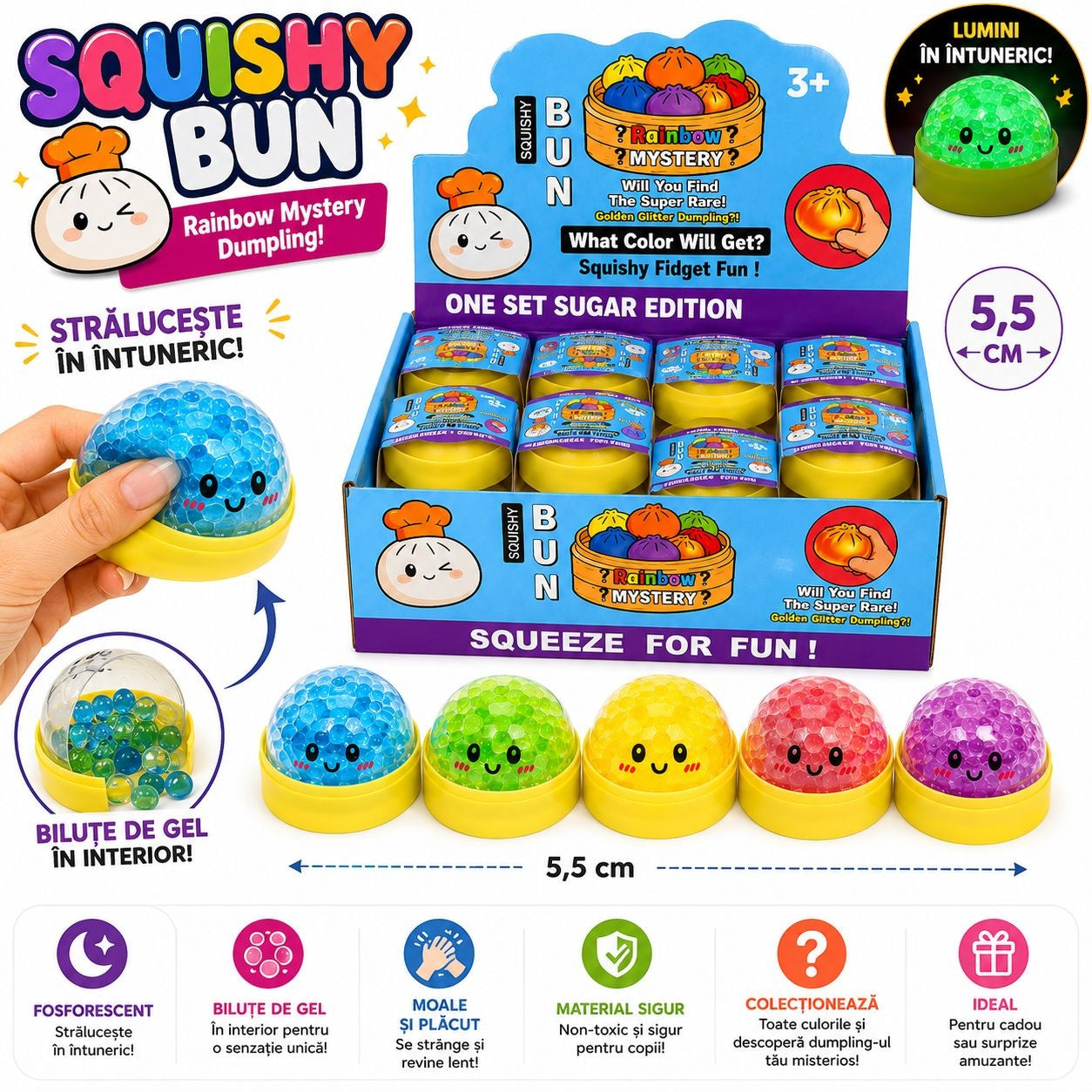 Jucărie Antistres Squishy Dumpling Fosforescent Colorat 8,5 cm – Glow in the Dark