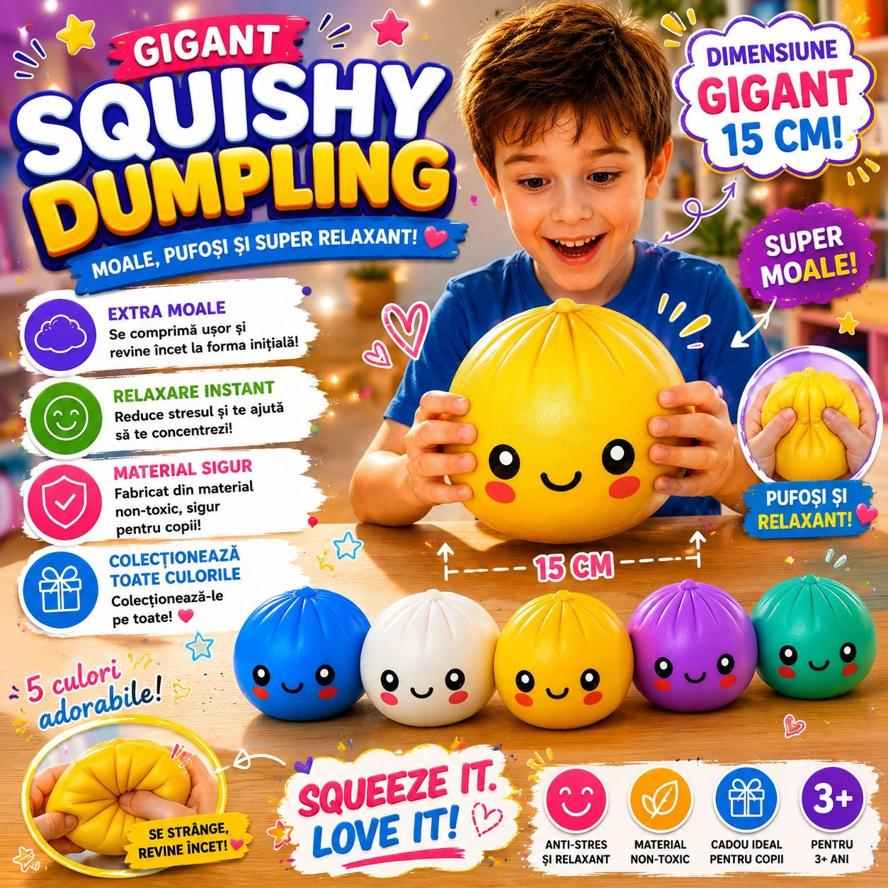 Jucărie Antistres Squishy Dumpling Gigant 15 cm – Extra Moale, Pufoasă, pentru Copii și Adulți
