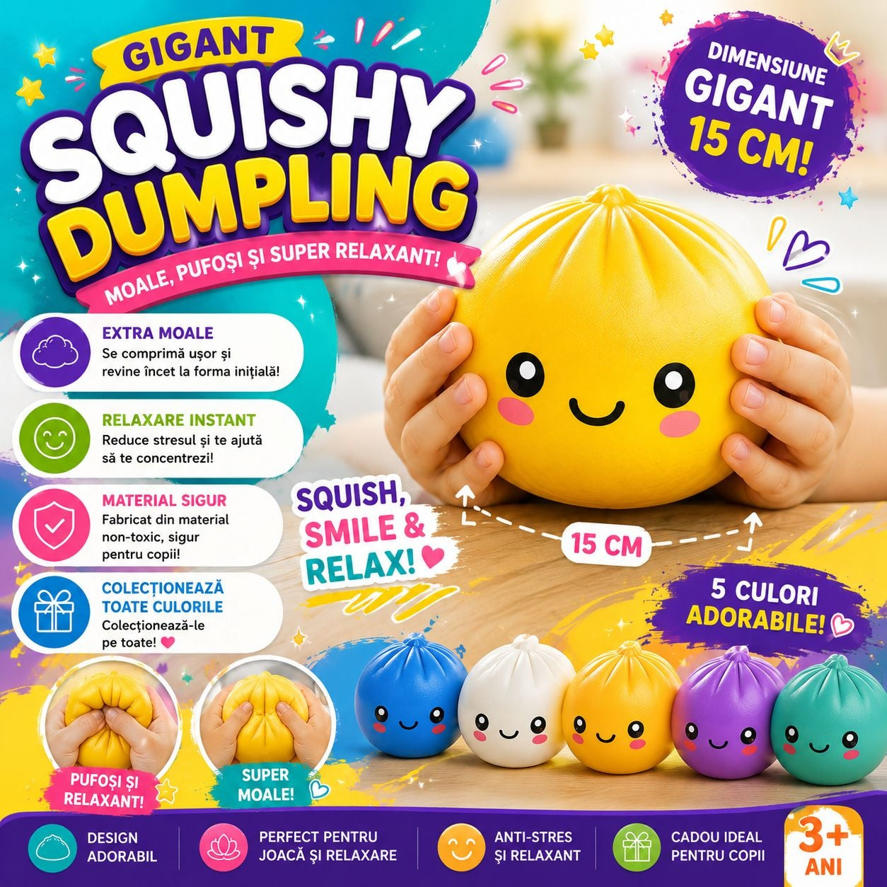 Jucărie Antistres Squishy Dumpling Gigant 15 cm – Extra Moale, Pufoasă, pentru Copii și Adulți