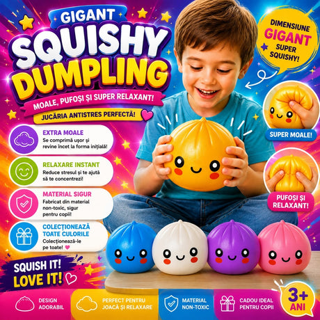 Jucărie Antistres Squishy Dumpling Gigant 15cm – Extra Moale, Elastică, Culoare Aleatorie