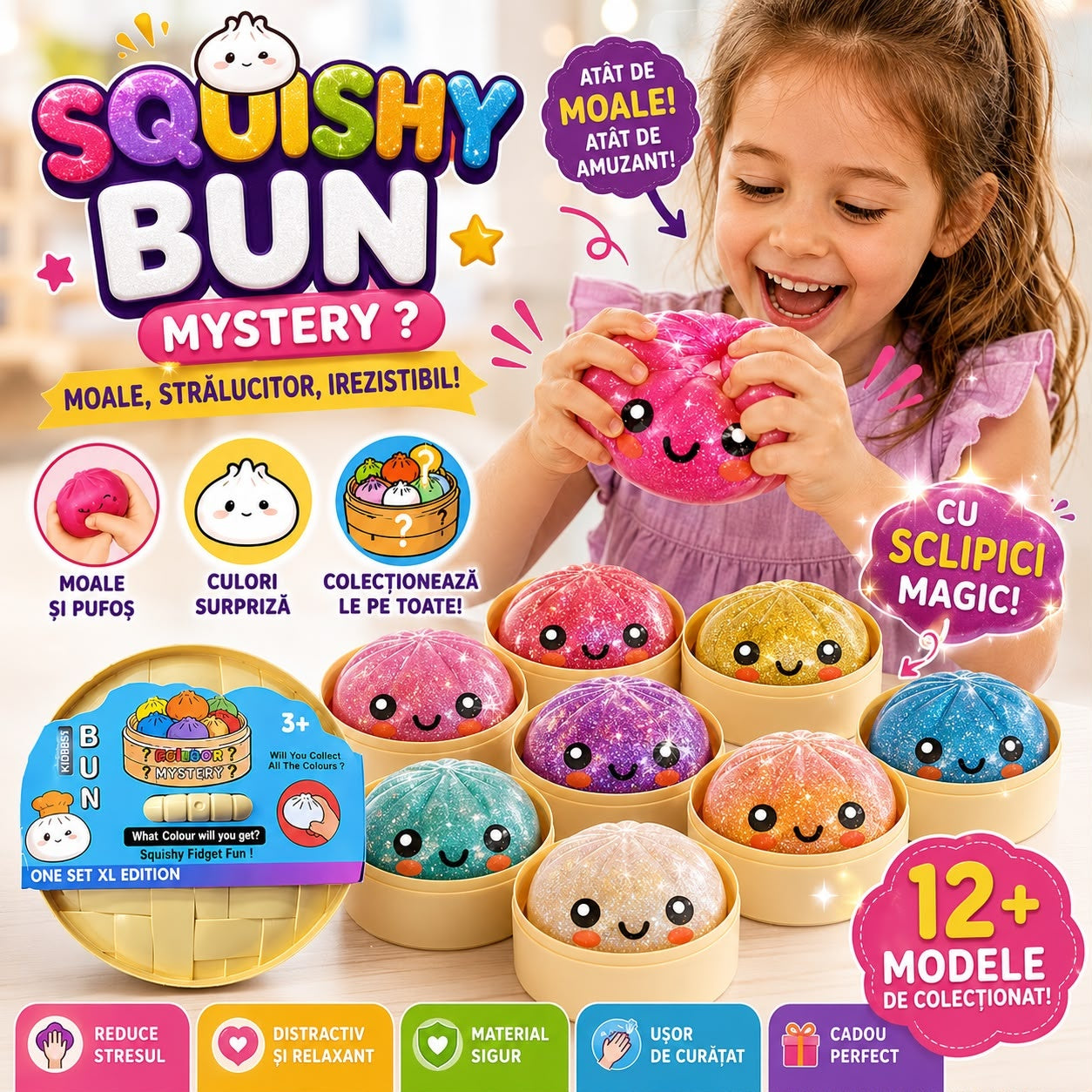 Jucărie Antistres Squishy Dumpling Gigant cu Sclipici și Bile din Gel, 15 cm, Culoare Aleatorie