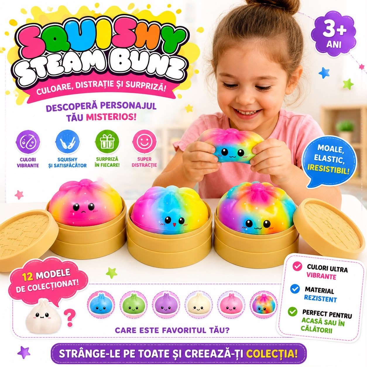 Jucărie Antistres Squishy Dumpling Pufos 8.5 cm, Model Surpriză, Moale și Elastic