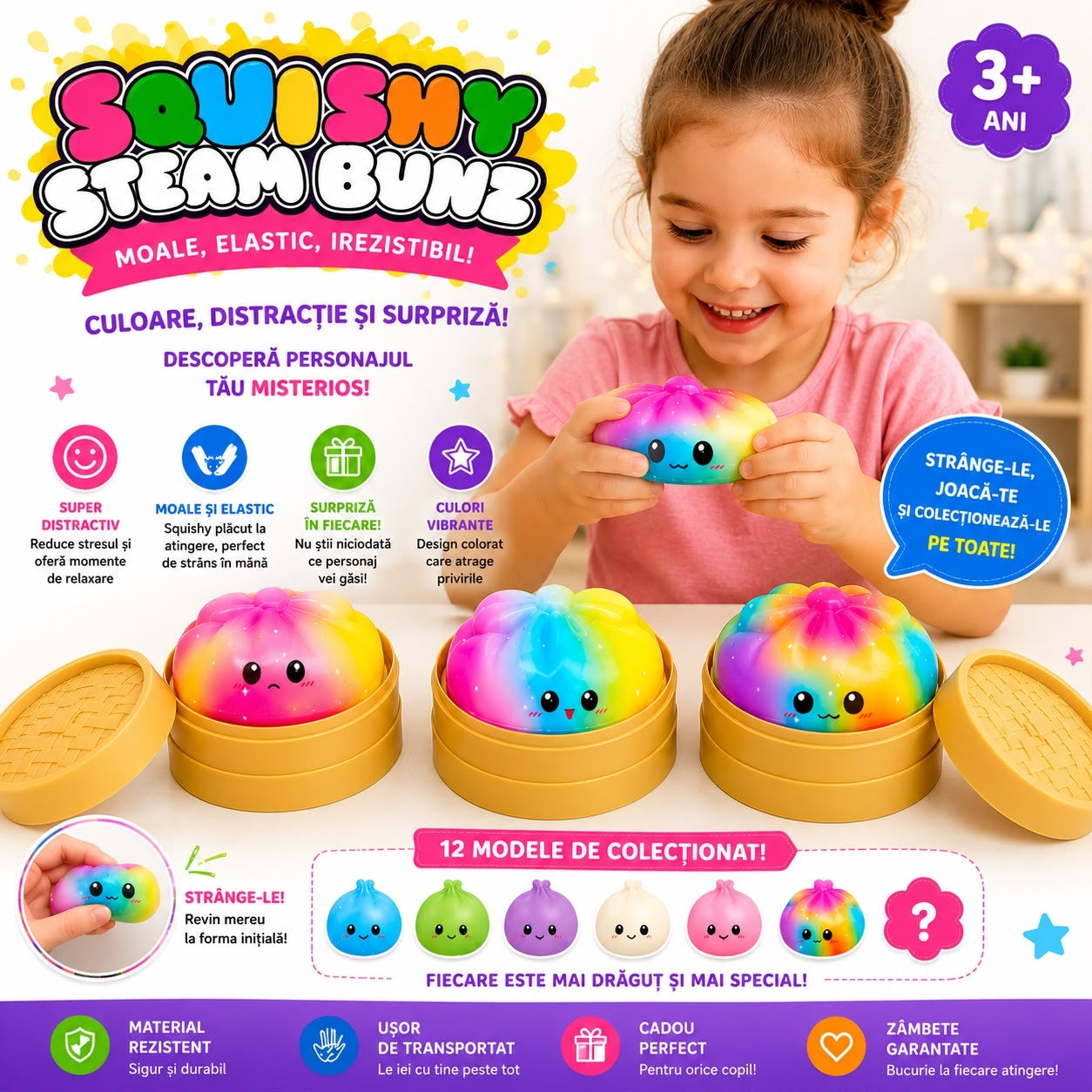 Jucărie Antistres Squishy Dumpling Pufos 8.5 cm, Model Surpriză, Moale și Elastic