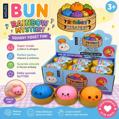 Jucărie Antistres Squishy Dumpling Rainbow Mystery, culori Neon 8 cm – Figurine Moi Surpriză, Model Aleatoriu, 3+ Ani