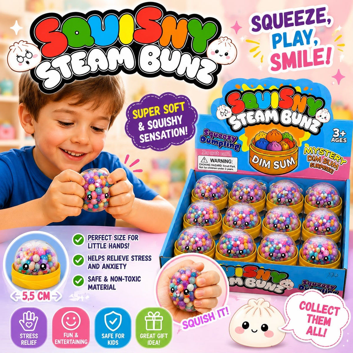 Jucărie Antistres Squishy Dumpling Transparent cu Bile Multicolore, 5,5 cm, Jucărie Senzorială
