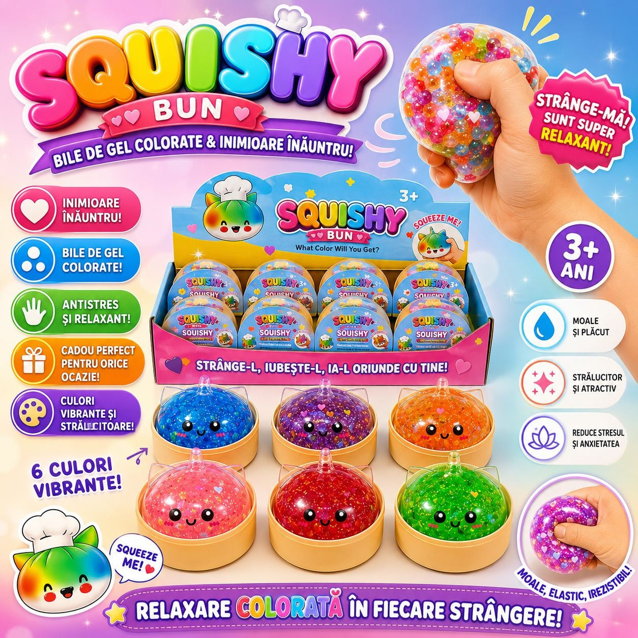Jucărie Antistres Squishy Dumpling Unicorn cu sclipici , 8.5 cm – Jucărie Senzorială pentru Copii