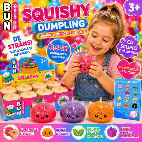 Jucărie Antistres Squishy Dumpling Unicorn cu Sclipici, 8.5 cm, Super Moale, Model Aleatoriu