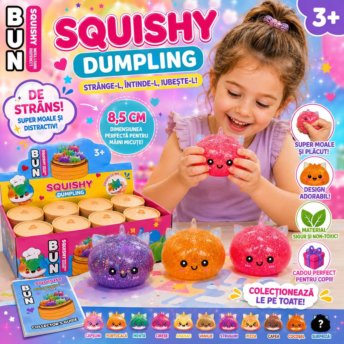 Jucărie Antistres Squishy Dumpling Unicorn cu Sclipici, 8.5 cm, Super Moale, Model Aleatoriu