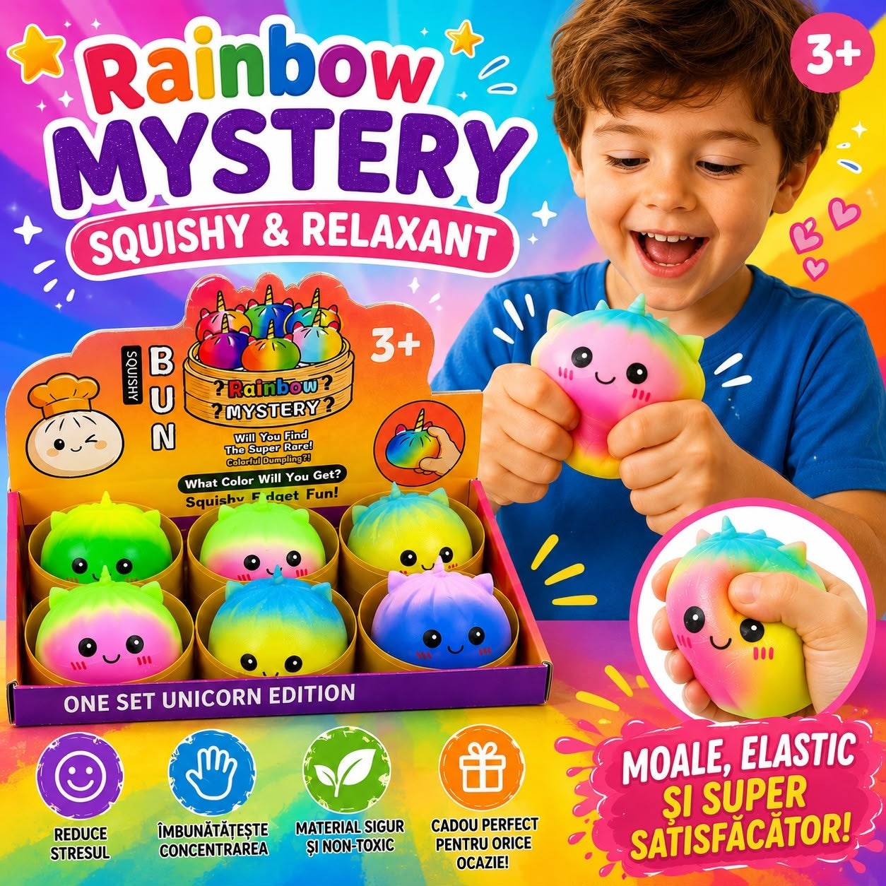 Jucărie Antistres Squishy Dumpling Unicorn cu Spumă, 8,5 cm, Model Aleatoriu