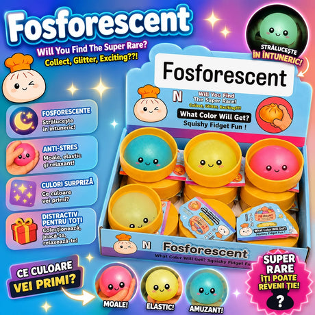Jucărie Antistres Squishy Fosforescentă cu sclipici si bile din gel , 8.5 cm – Model Aleatoriu, Glow in the Dark