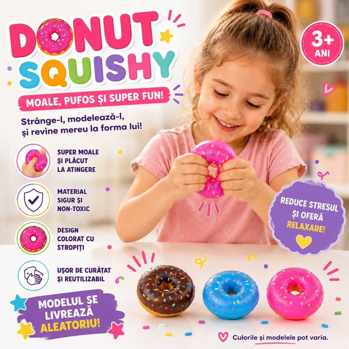 Jucărie Antistres Squishy Gogoașă (Donut), Moale și Elastică, Model Aleatoriu