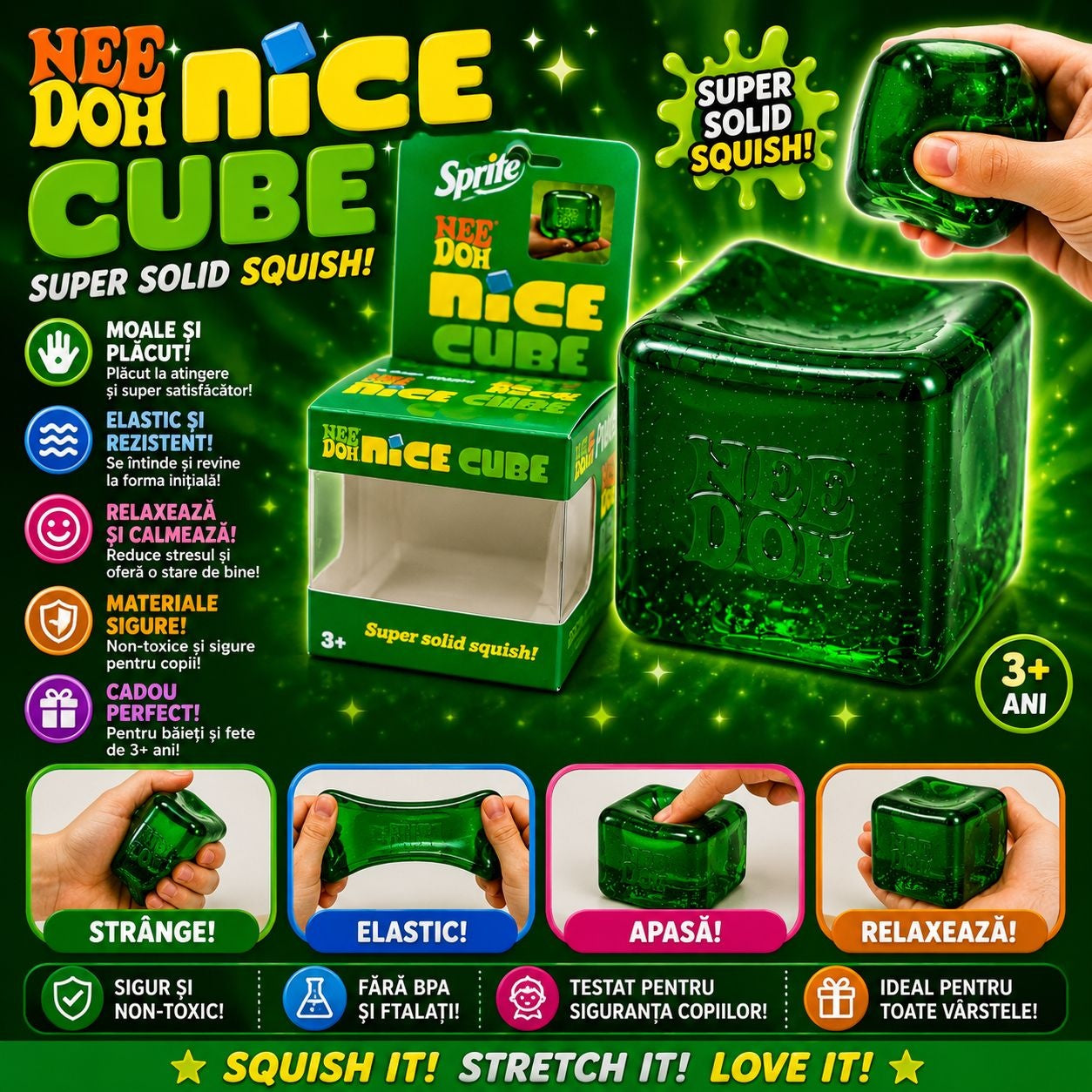 Jucarie antistres Squishy Ice Cube, model cub de gheata verde