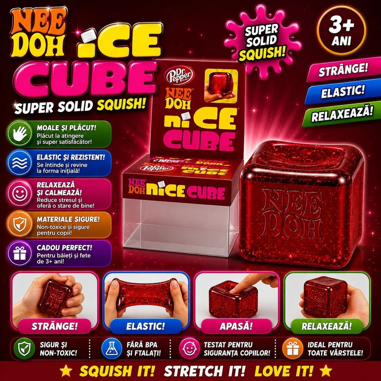 Jucarie antistres Squishy Ice Cube Rosu, model cub de gheata