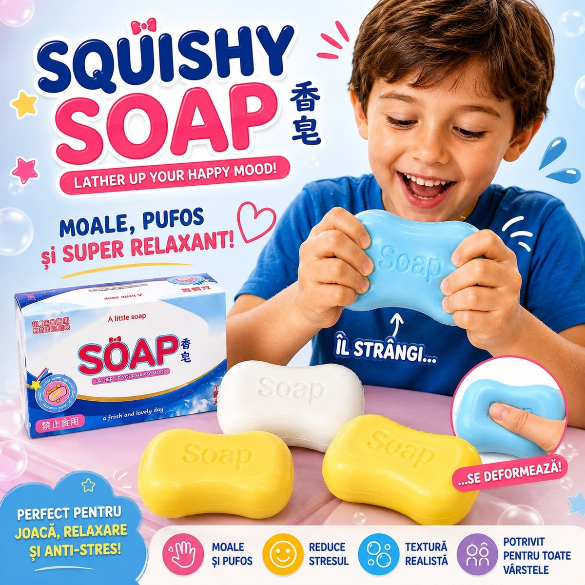 Jucărie Antistres Squishy în Formă de Săpun, din Spumă Moale, Model și Culoare Aleatorie, 3+ Ani
