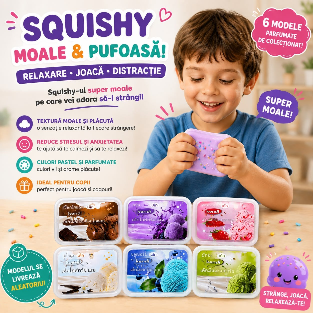 Jucărie Antistres Squishy Înghețată în Cutie, 10cm Model și Aromă Livrate Aleatoriu, Textură Moale și Elastică