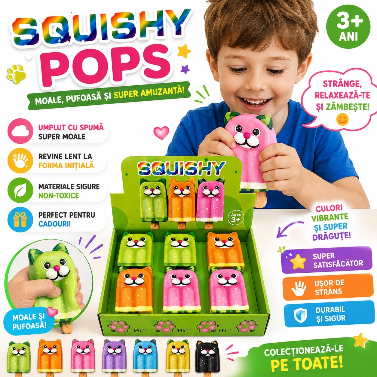 Jucărie Antistres Squishy Înghețată Pisică, 13cm Model Aleatoriu, Spumă Moale, Super Drăguță