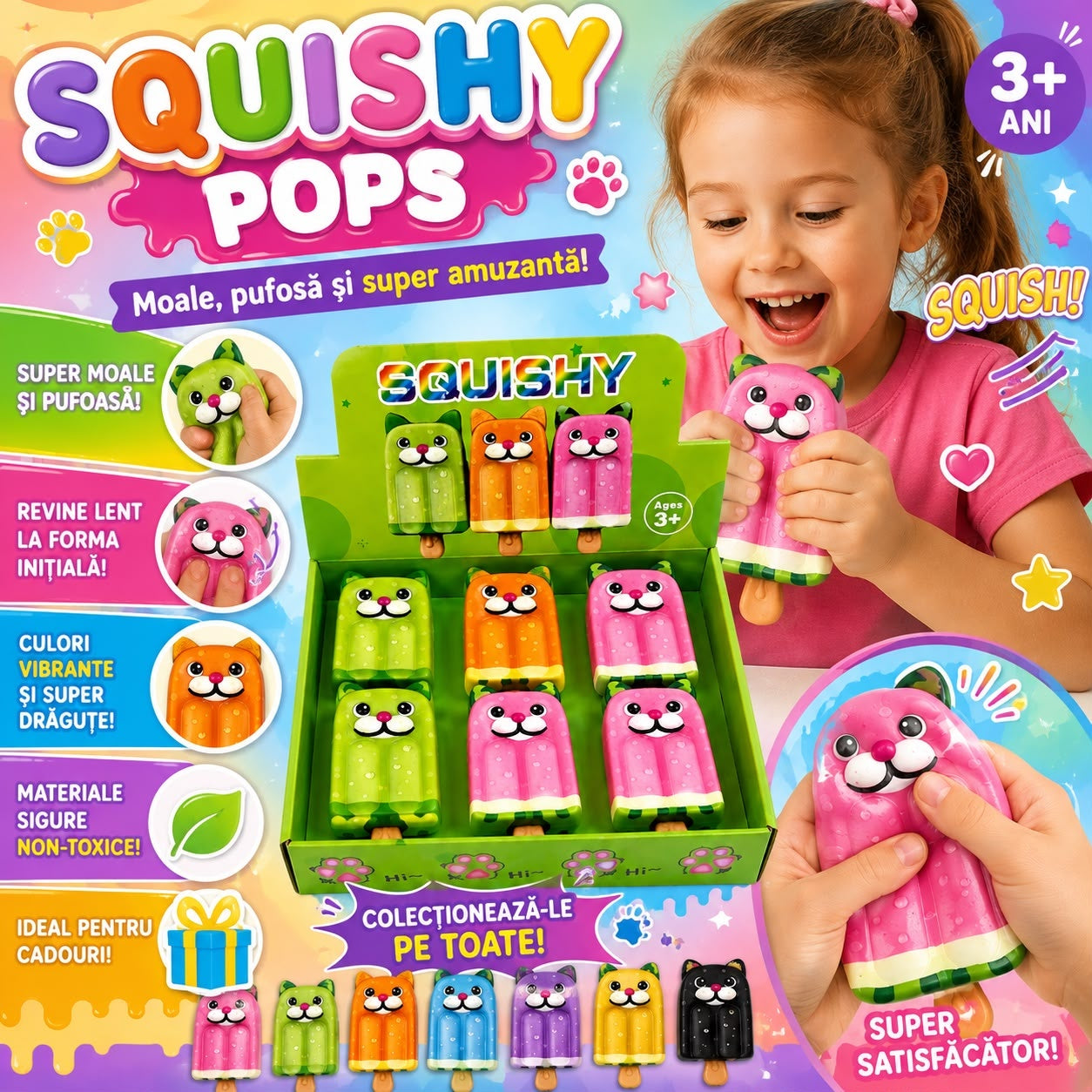Jucărie Antistres Squishy Înghețată Pisică, 13cm Model Aleatoriu, Spumă Moale, Super Drăguță
