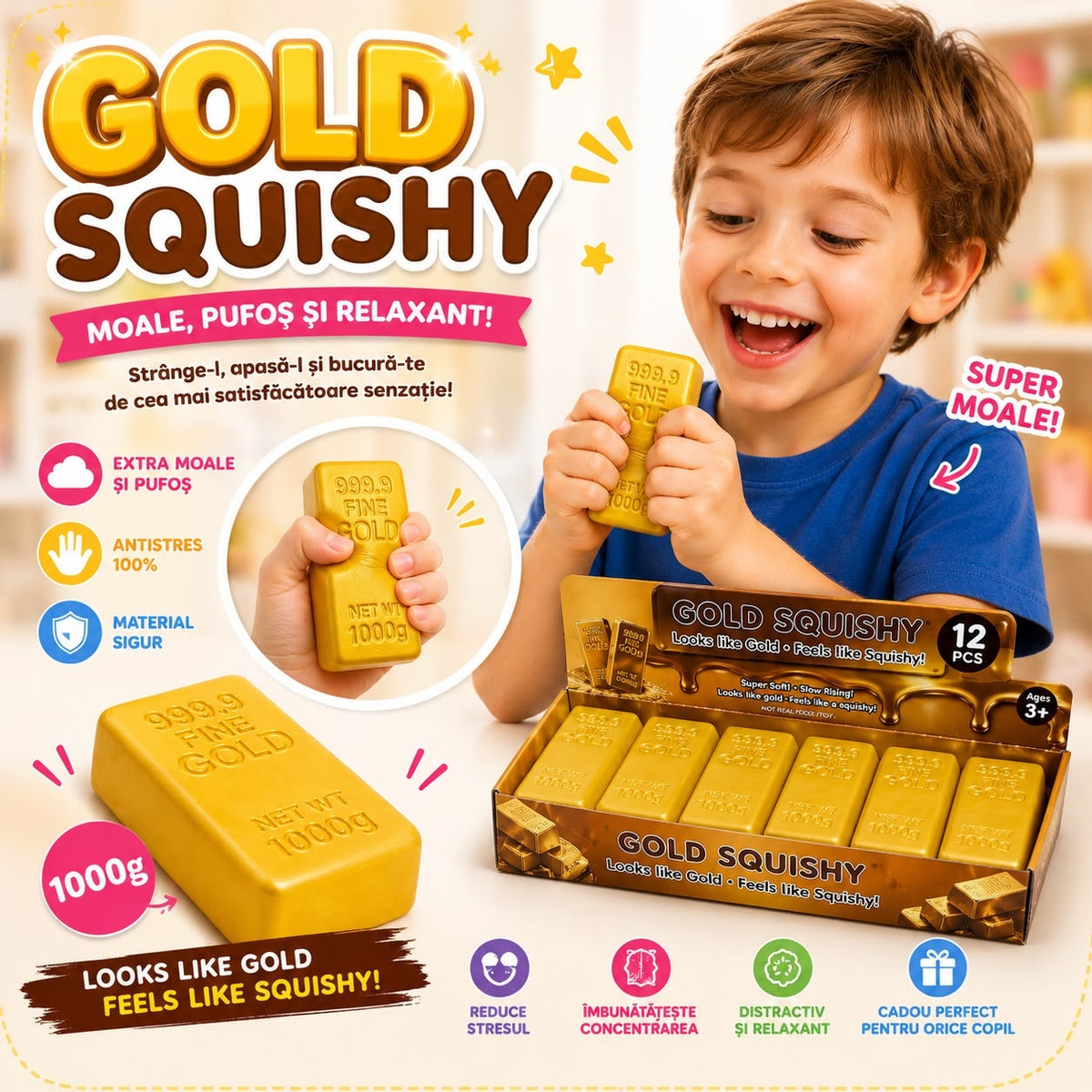 Jucărie Antistres Squishy Lingou de Aur 13 cm, Moale și Elastică, Design Gold Bar, Relaxare și Distracție