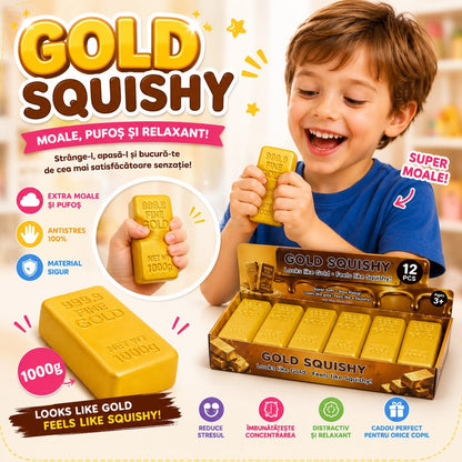 Jucărie Antistres Squishy Lingou de Aur 13 cm, Moale și Elastică, Design Gold Bar, Relaxare și Distracție