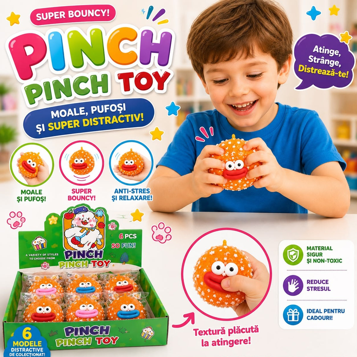 Jucărie Antistres Squishy Mandarină 9 cm, Model Aleatoriu, Moale și Elastică, Pinch Pinch Toy