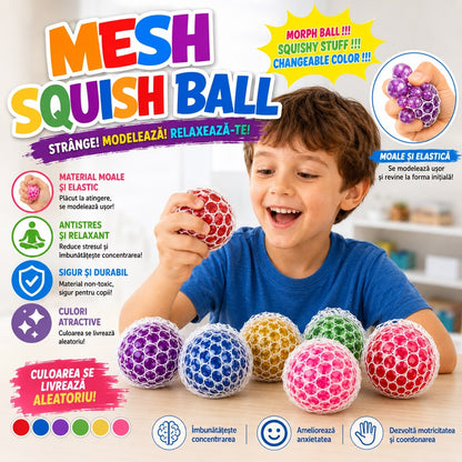 Jucărie Antistres Squishy Mesh Ball cu Bile de Gel – Minge Senzorială Elastică, Culoare Aleatorie
