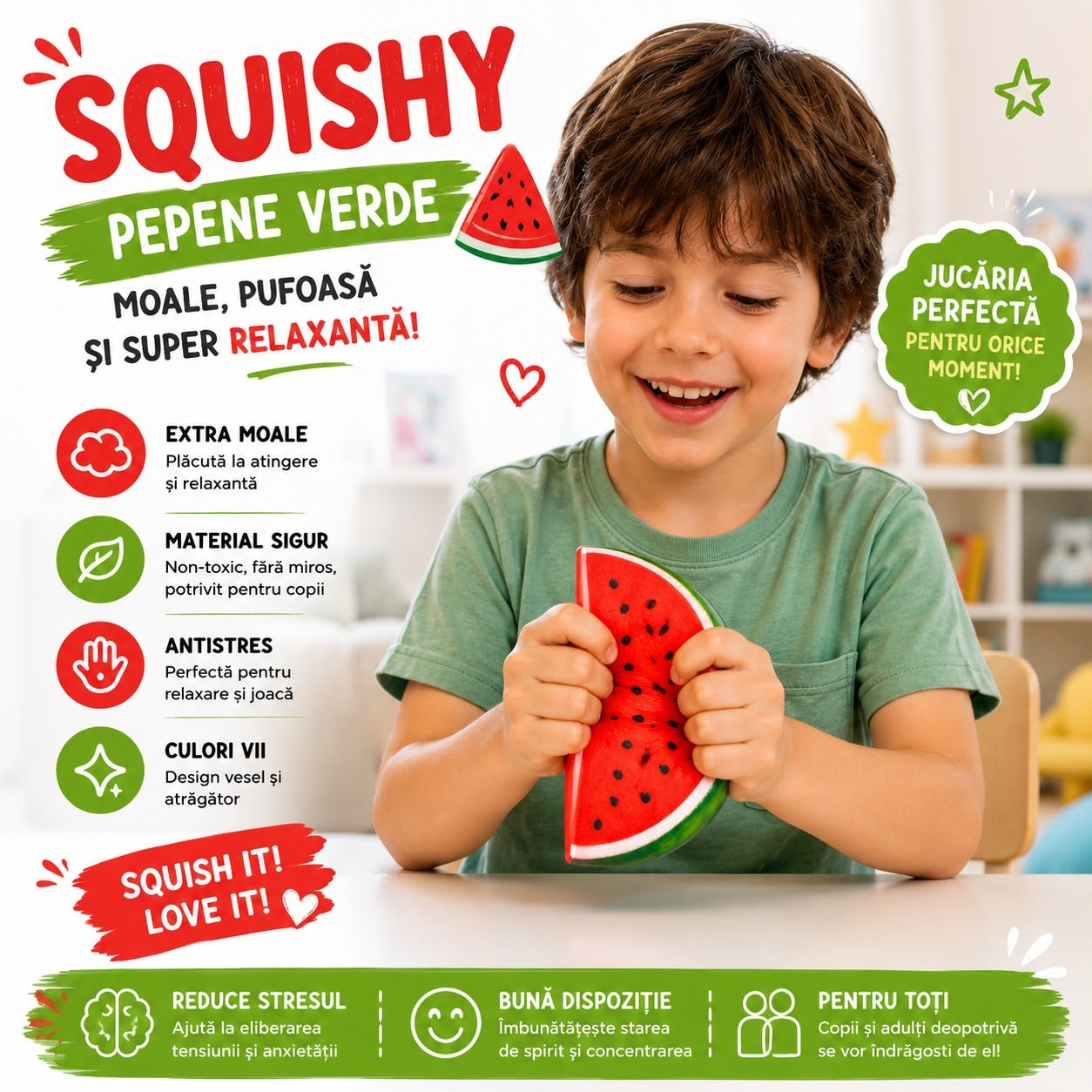 Jucărie Antistres Squishy Pepene Verde, Moale și Elastică, Slow Rising, Fidget Toy pentru Copii