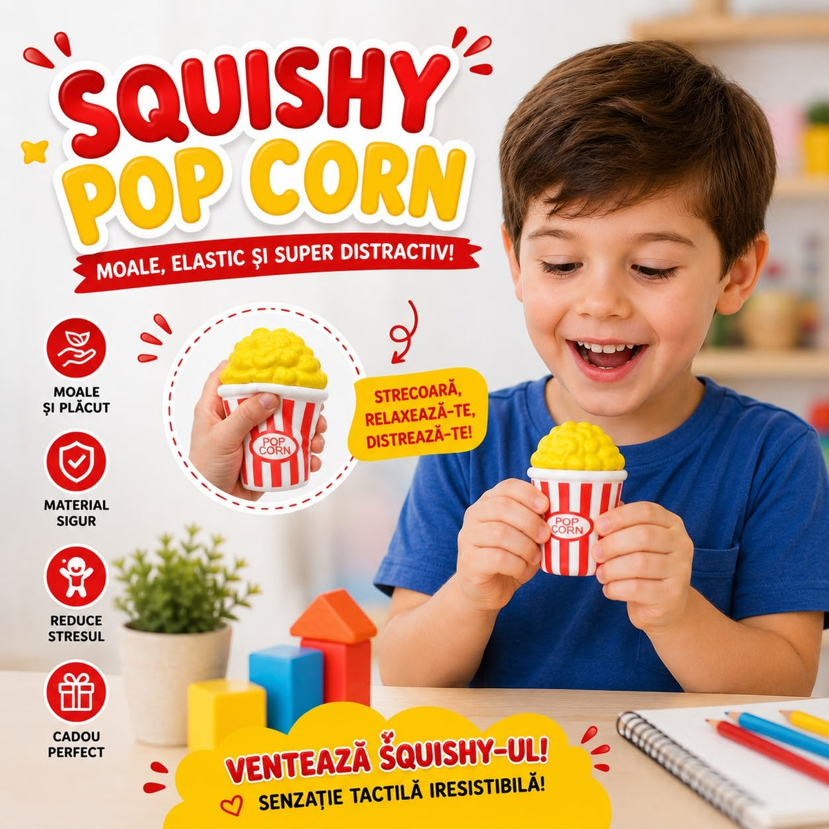 Jucărie Antistres Squishy Popcorn, Moale și Elastică, Slow Rising, Fidget Toy pentru Copii și Adulți