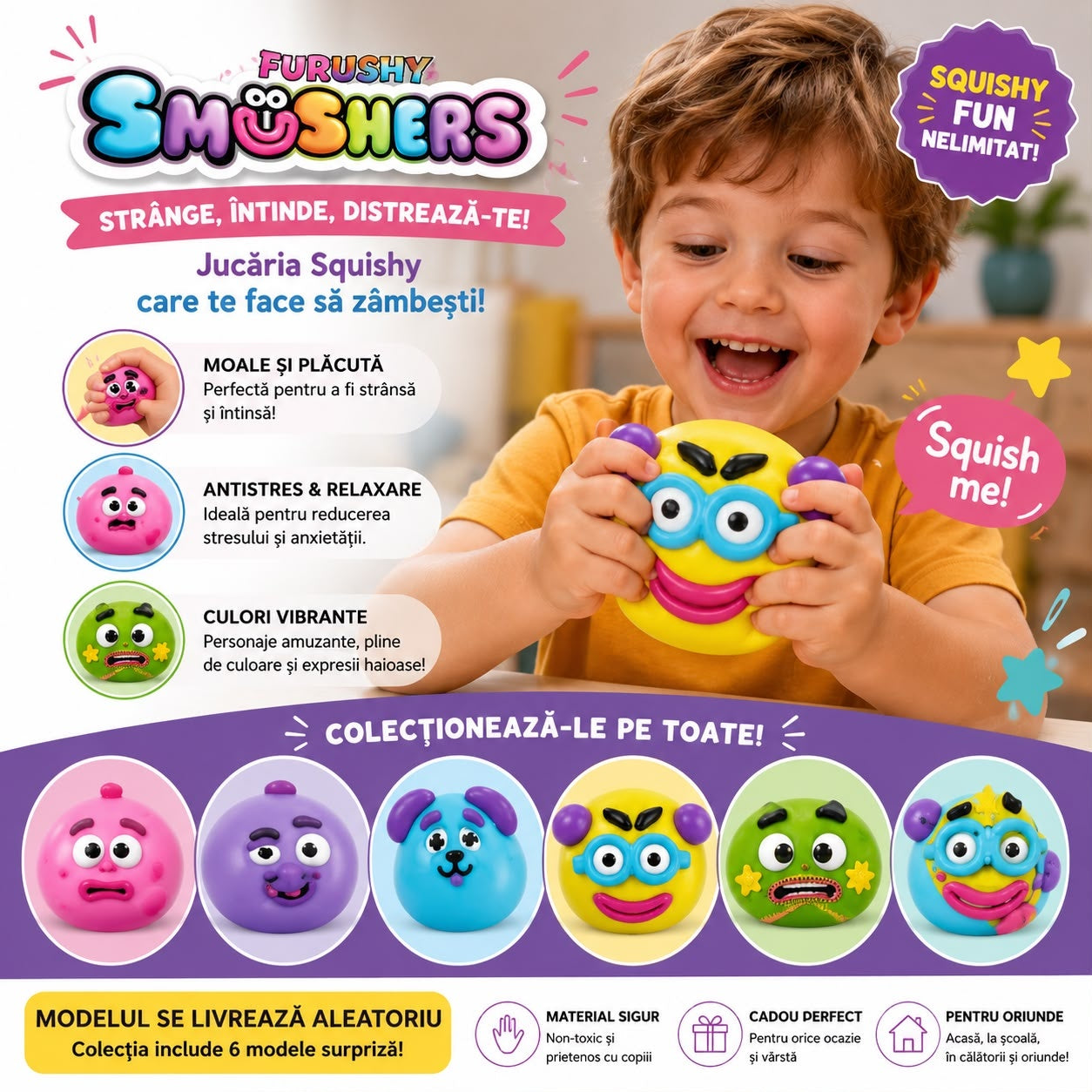 Jucărie Antistres Squishy Smushers, 10cm, Personaj Amuzant, Moale și Elastică, Model Aleatoriu