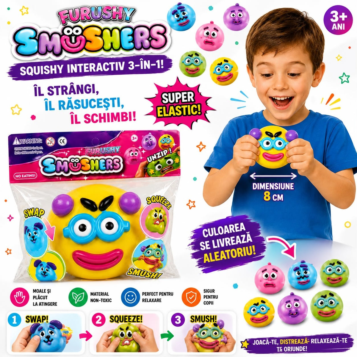 Jucărie Antistres Squishy Smushers 8 cm, Super Elastică, Model și Culoare Livrate Aleatoriu