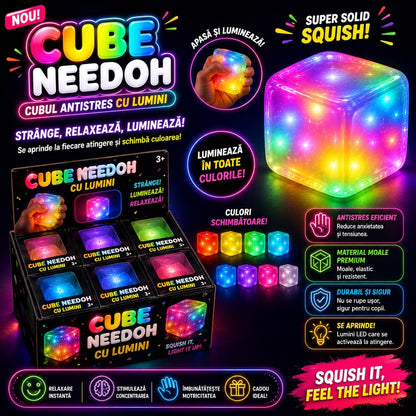 Jucărie Antistres Squishy Tip NeeDoh cu Lumini LED – Cub Senzorial Moale, Elastic, Multicolor