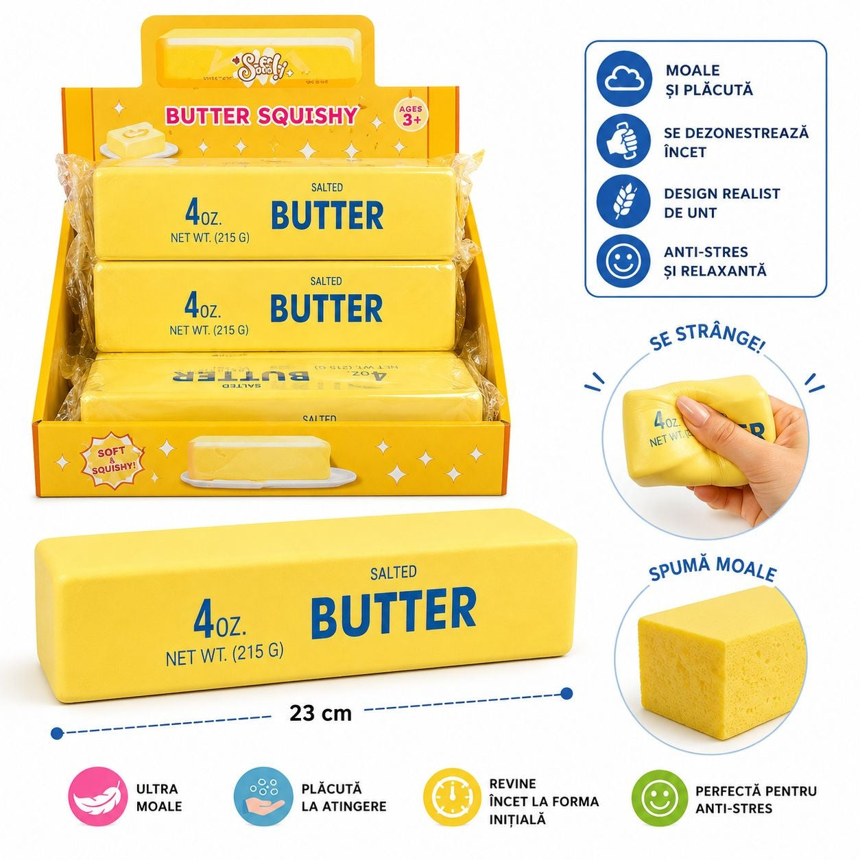 Jucărie Antistres Squishy Unt Gigant 23 cm – Slow Rising, Spumă Moale Premium, Model Realist Butter
