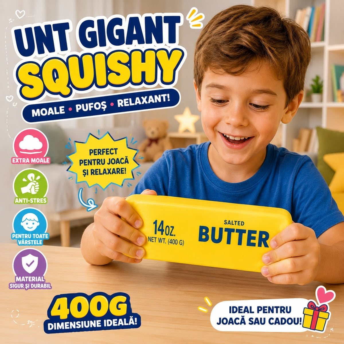 Jucărie Antistres Squishy Unt Gigant, 23 x 6 cm, Super Moale, Relaxantă, Model Butter