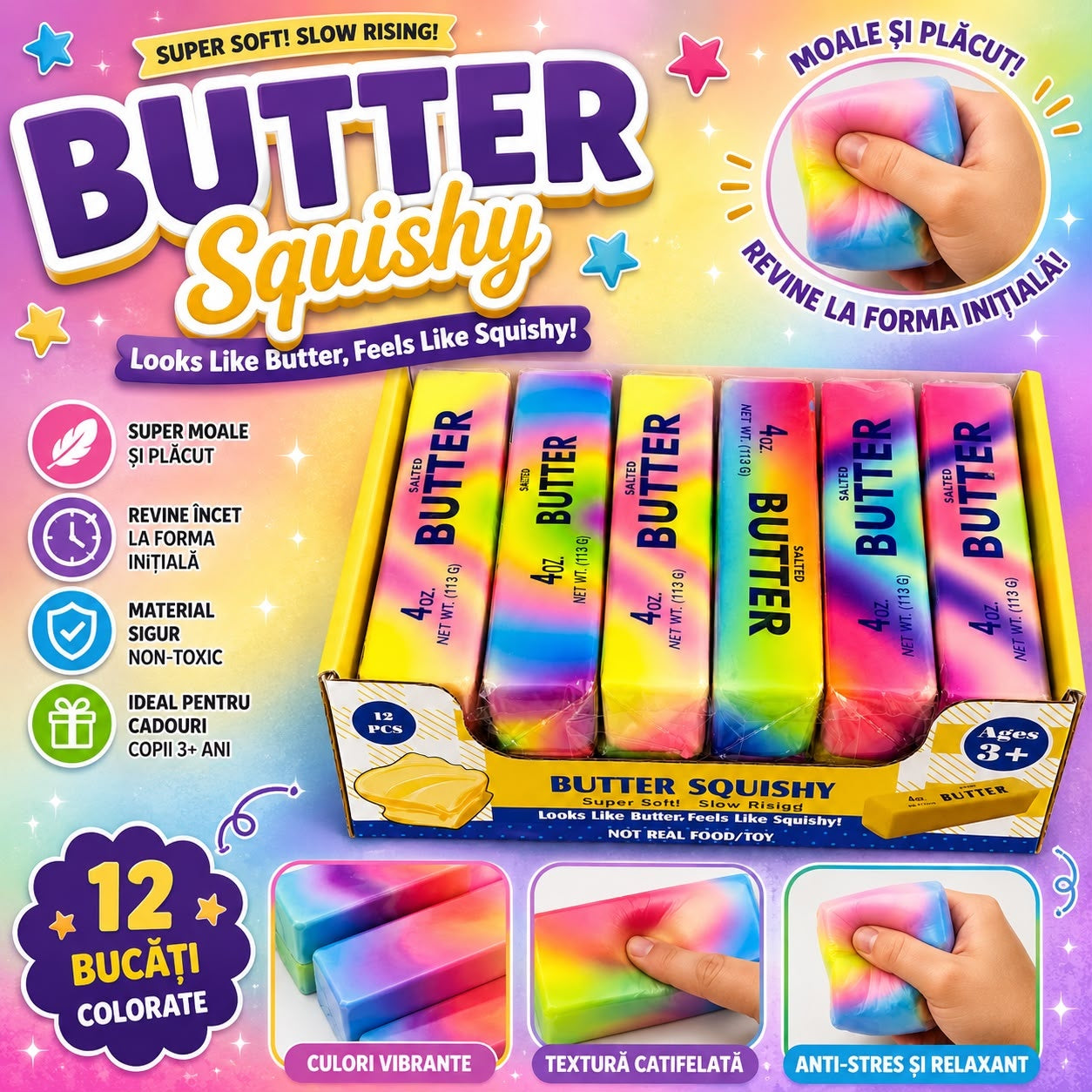 Jucărie Antistres Squishy Unt Multicolor 13 cm – Super Moale, Model Curcubeu