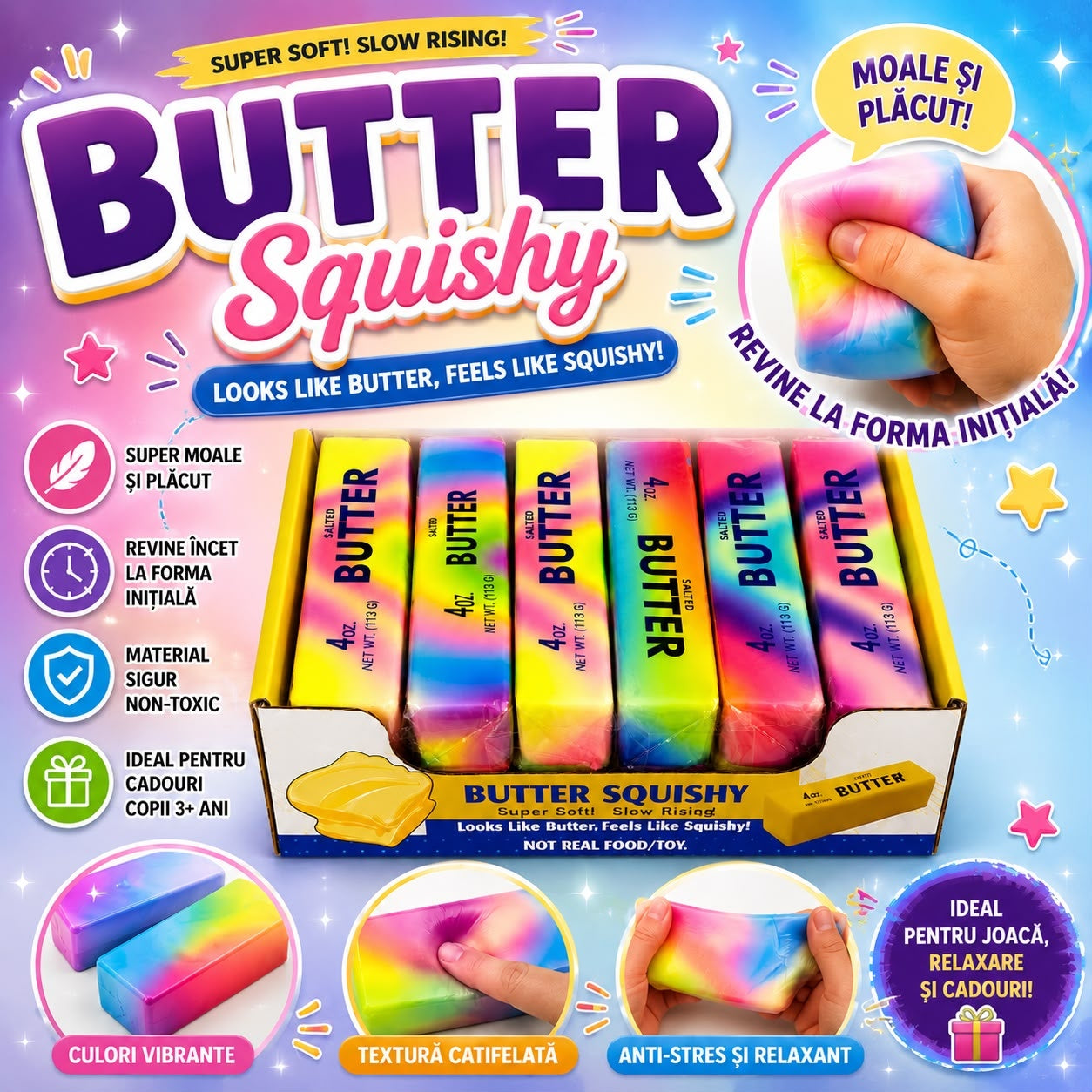 Jucărie Antistres Squishy Unt Multicolor 13 cm – Super Moale, Model Curcubeu