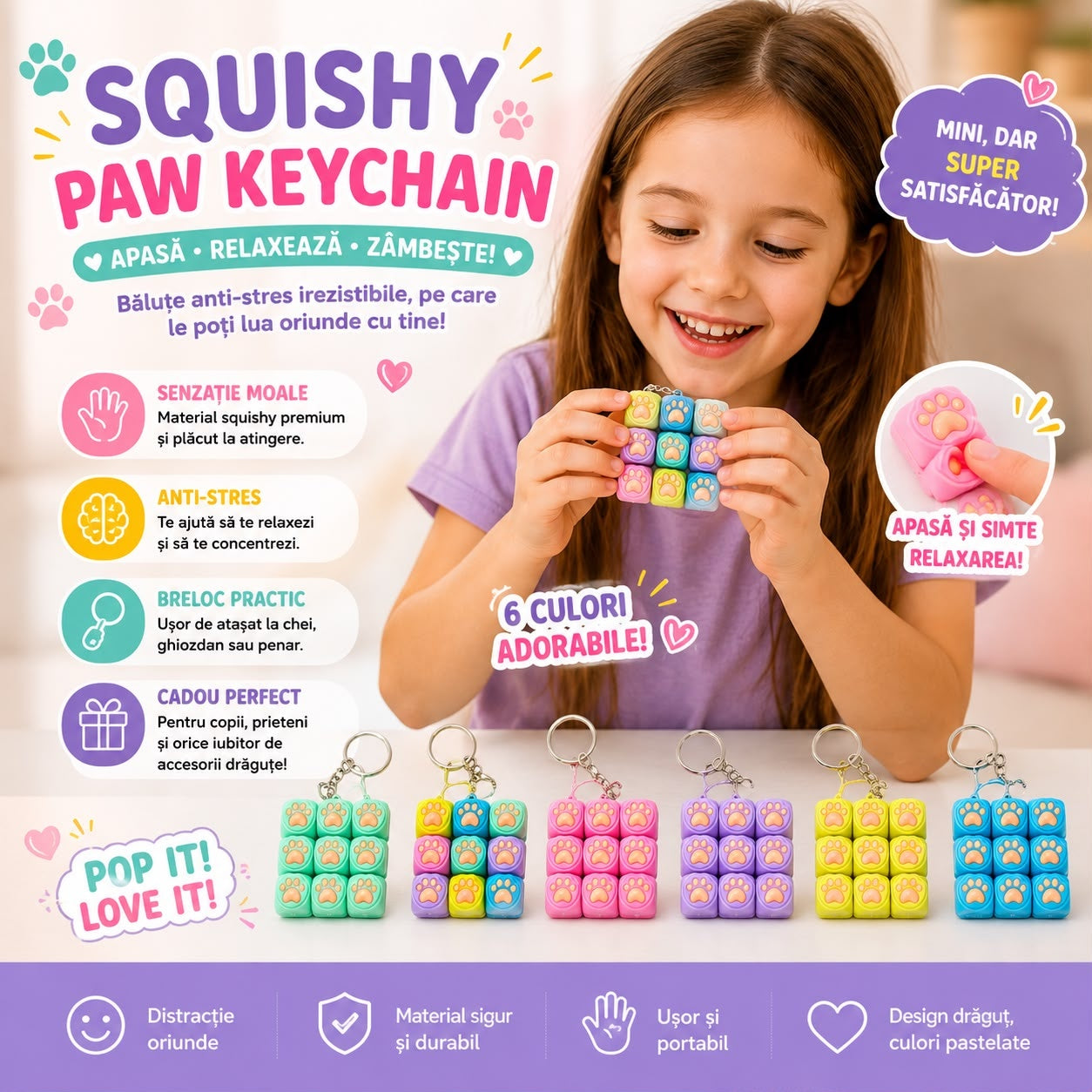 Jucărie Antistres Tastatură Pop It cu Lumini LED și Breloc – Mini Fidget Sensory Toy, Model Lăbuță