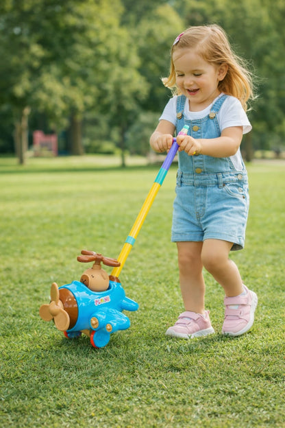 Jucarie de impins avion cu animalut, elice rotativa, multicolor, maner ergonomic
