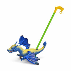 Jucarie de impins dragon albastru cu aripi si roti, model interactiv copii