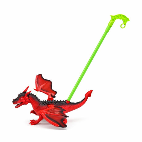 Jucarie de impins dragon rosu cu aripi si roti, model interactiv copii rosu