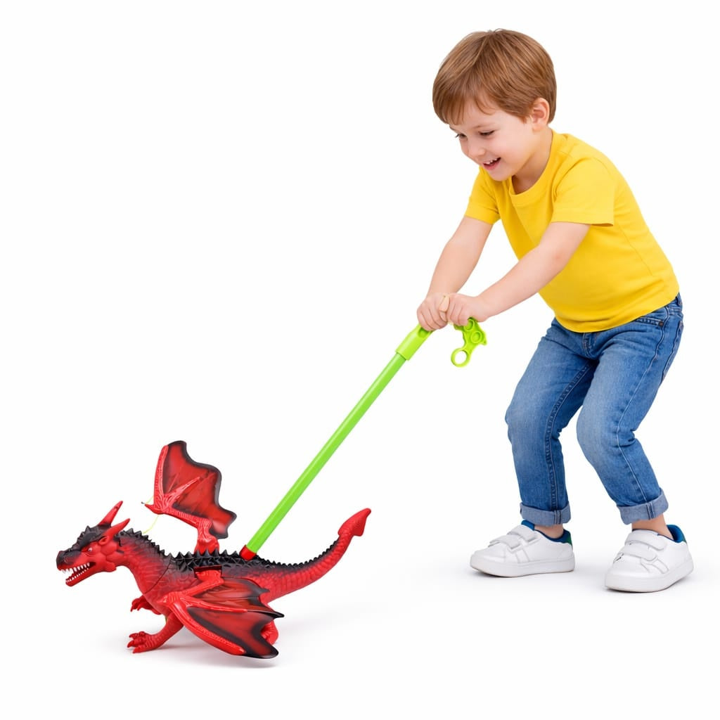 Jucarie de impins dragon rosu cu aripi si roti, model interactiv copii rosu