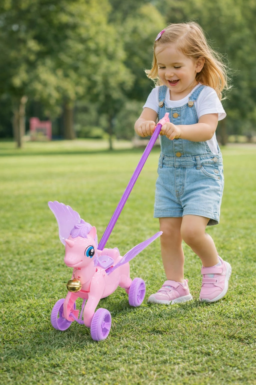 Jucarie de impins unicorn cu roti, aripi si clopotel, roz-mov