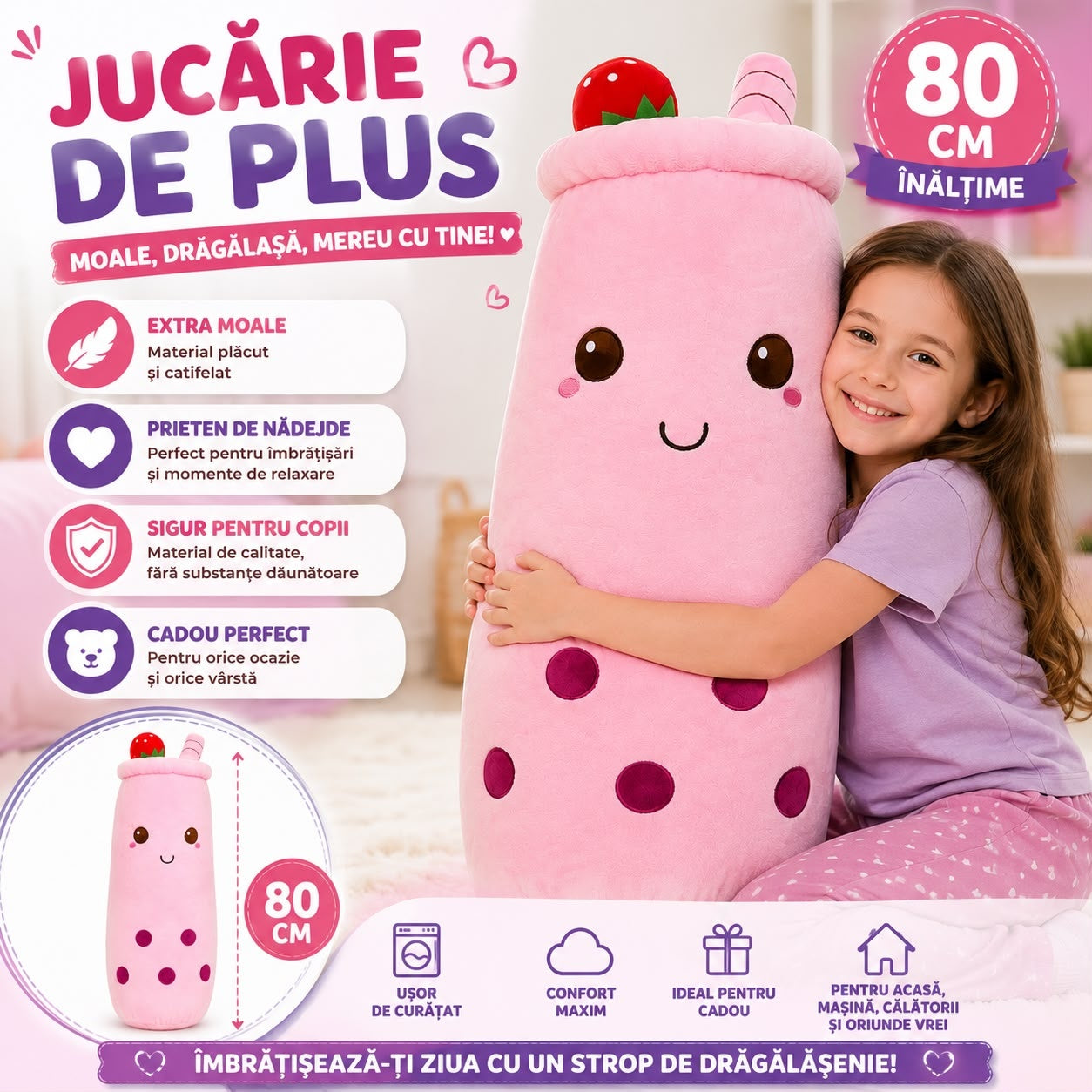 Jucărie de Pluș Bubble Tea Roz, 80 cm, Pernă Plus Gigantă, Moale și Catifelată