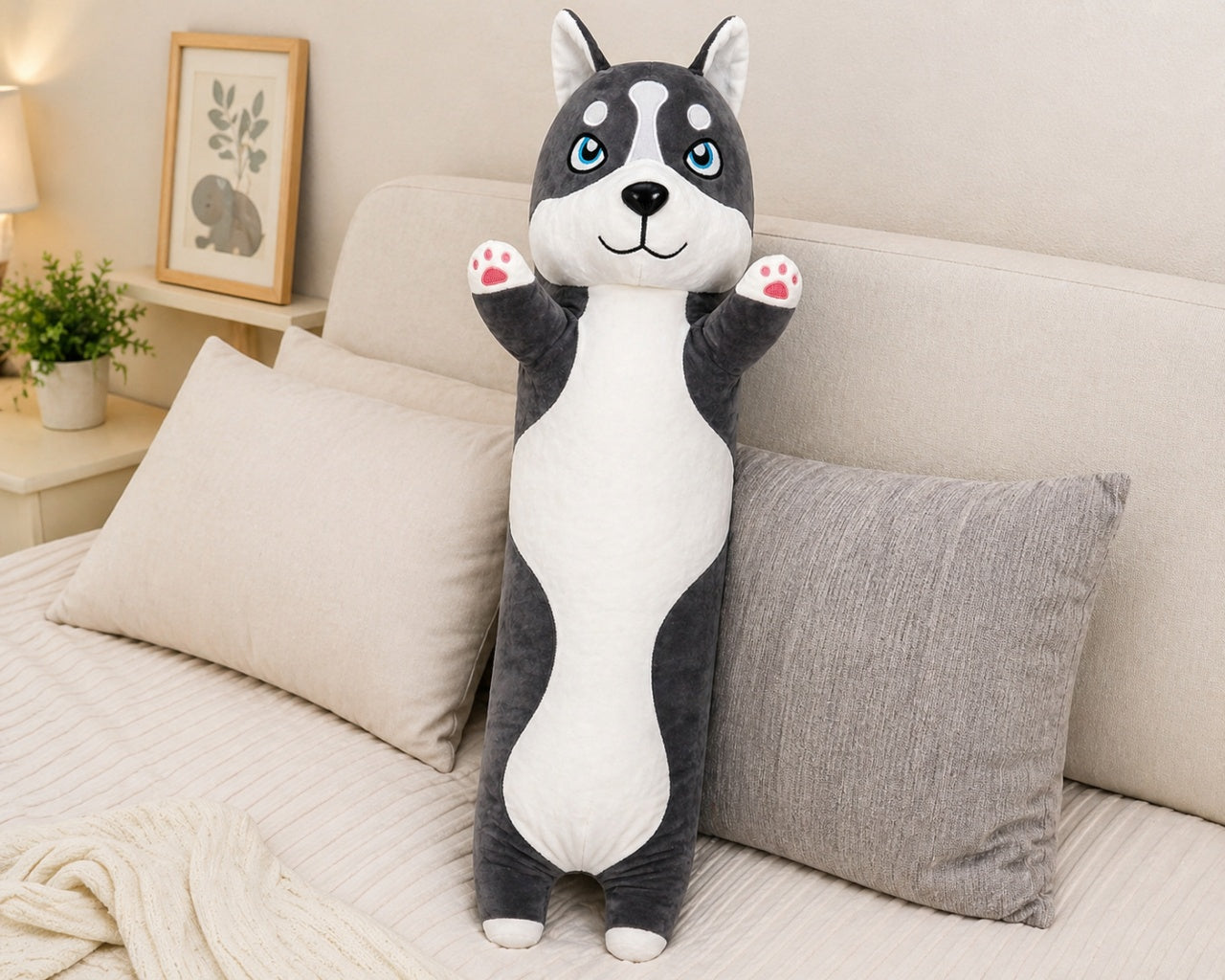 Jucărie de pluș cățel Husky 110 cm – pernă lungă, pluș moale