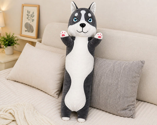 Jucărie de pluș cățel Husky 110 cm – pernă lungă, pluș moale
