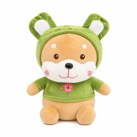 Jucărie de pluș cățeluș 45 cm – pluș moale, design adorabil cu hăinuță verde