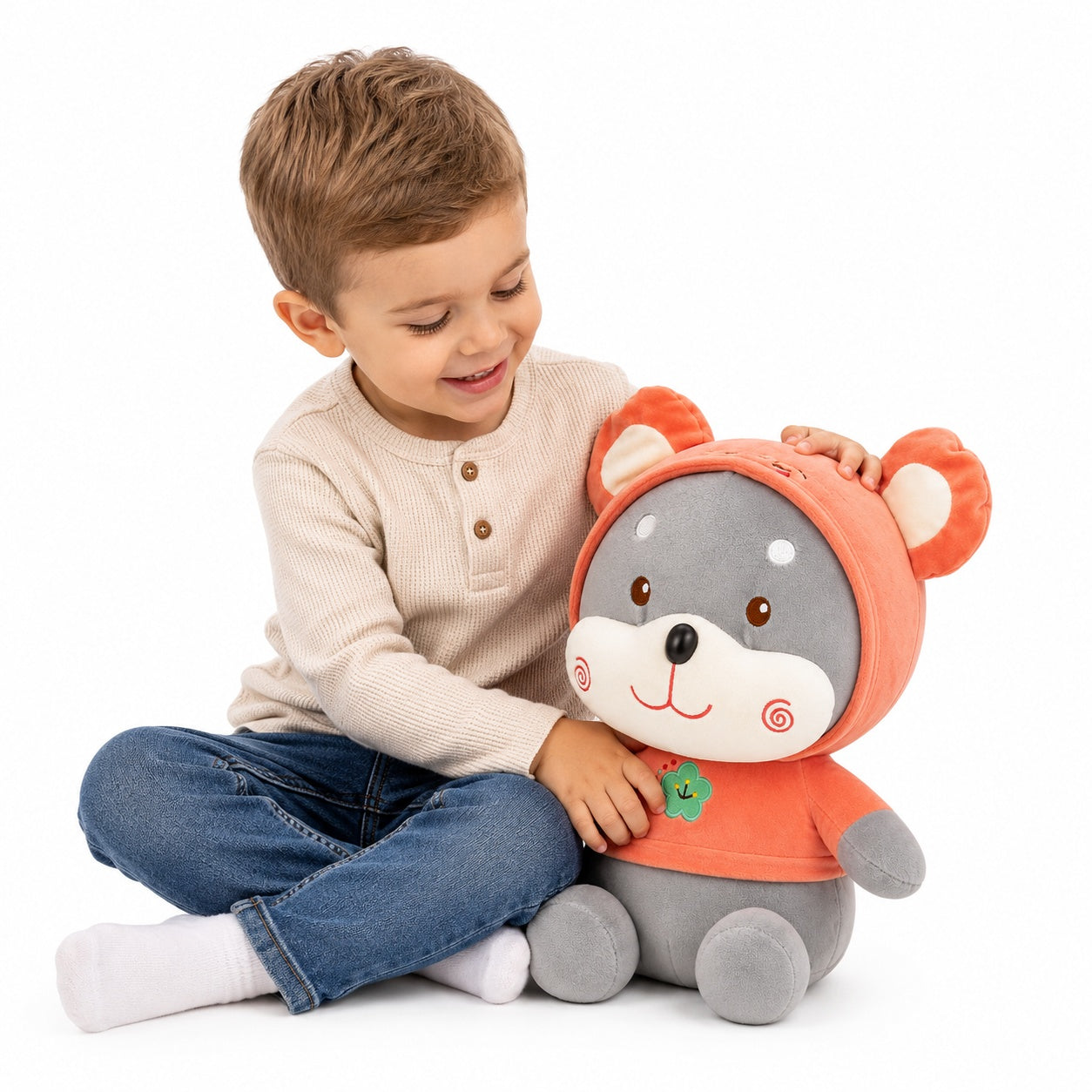 Jucarie de plus catelus 45 cm – plus moale, design adorabil cu hainuță roz