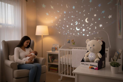 Jucarie de Plus cu Proiectie Luminoasa si Sunete Blande , Ursulet Baby Doll, 26x20x14cm