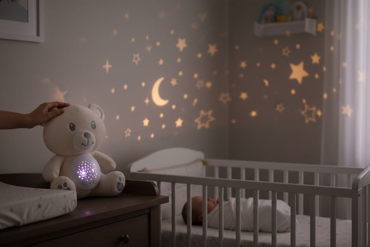 Jucarie de Plus cu Proiectie Luminoasa si Sunete Blande , Ursulet Baby Doll, 26x20x14cm
