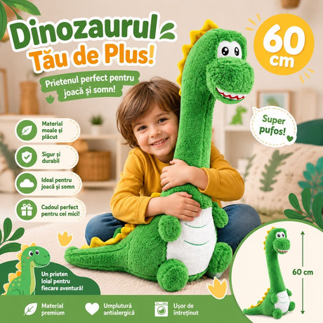 Jucărie de Plus Dinozaur 60 cm, Moale și Pufos, Pernă de Îmbrățișat, Cadou pentru Copii, Verde